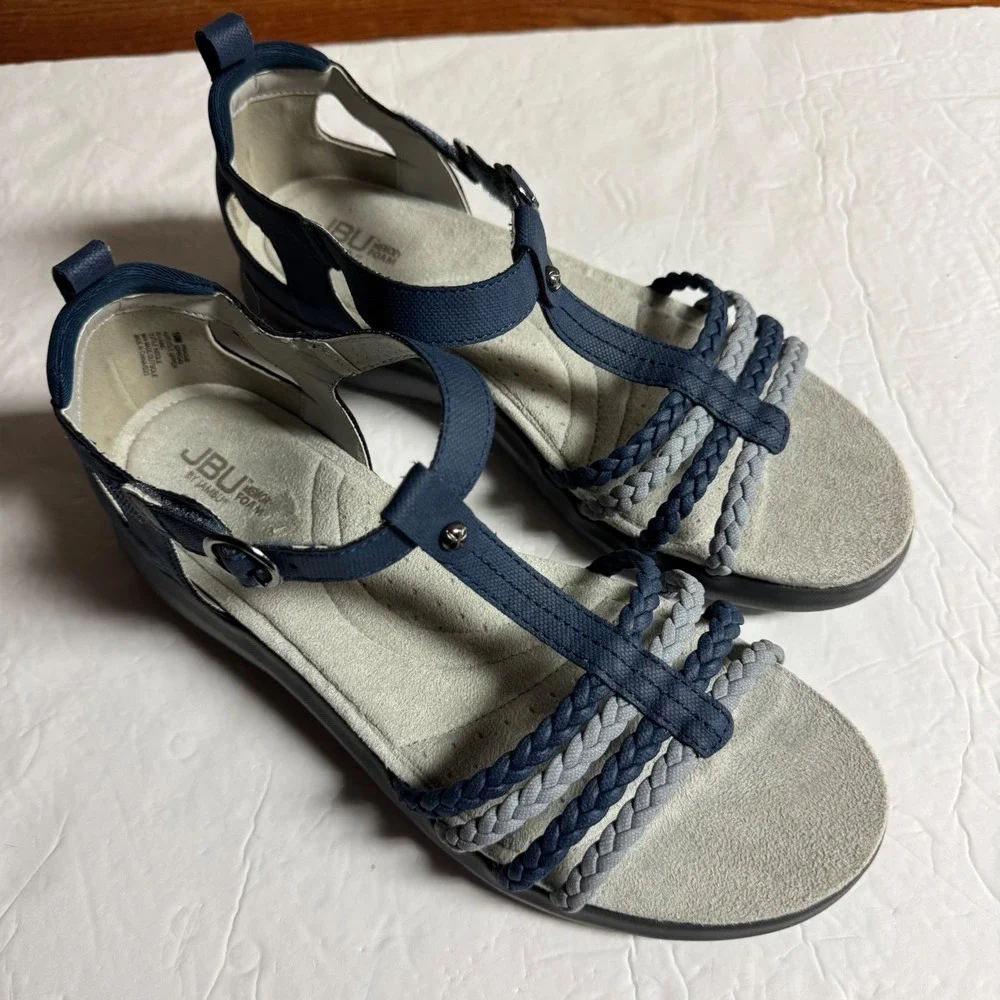 JBU by Jambu Pragije Navy Grey Braided T-Strap Memory Foam Sandals Womens 10M